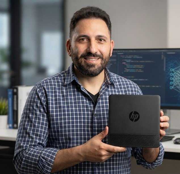 Salvatore Mazza sosteniendo el mini PC HP que ejecuta el agente